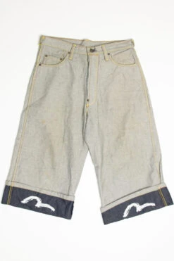 Evisu Genes Godhead Patch Denim Long Shorts (sz. 34) -US Vintage Clothing Sales vintage shorts 1270 1 19640.1666807169